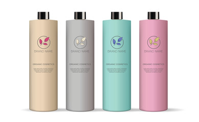  Plastic professional cosmetic bottle with blank label. For lotion, body milk, shampoo.  Photorealistic packaging mockup template. Vector 3d illustration. 