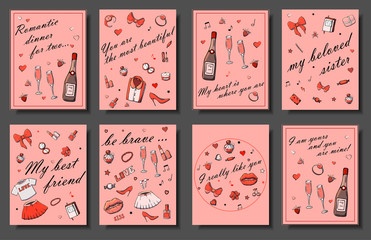 Naklejka premium Set of hand drawn templates fashion cards with girls things, romantic objects and phrases. Postcards with women's clothing, jewelry, cosmetics and gifts. Actual vector drawing of lovely things.