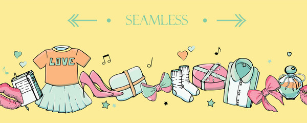 Naklejka premium Vector seamless horizontal border with girls stuff. Fashion patterns with women's clothing, jewelry, cosmetics, gifts and romance. Actual vector drawing of cute things. Interests of a young girl.