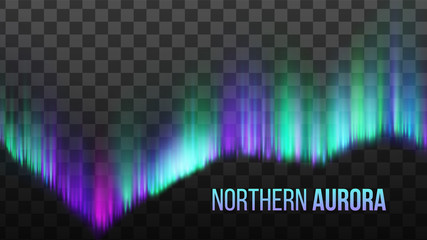 Realistic Northern Aurora Atmosphere Light Vector. Bright Colorful Composition Of Phenomenon Arctic Polaris Aurora Sky Light Isolated On Transparency Grid Background. 3d Illustration - obrazy, fototapety, plakaty