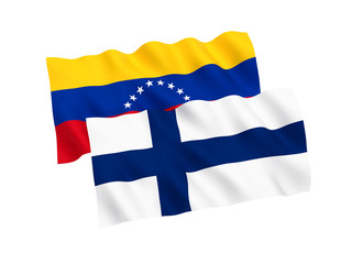 National fabric flags of Venezuela and Finland isolated on white background. 3d rendering illustration. Proportion 1:2