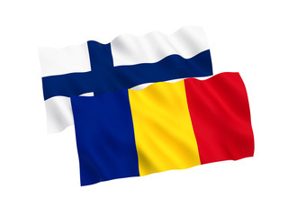 National fabric flags of Romania and Finland isolated on white background. 3d rendering illustration. Proportion 1:2