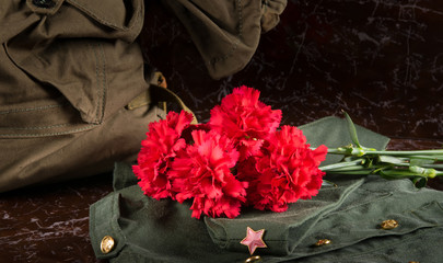 on the background of the monument, a bouquet of red carnations, military uniform, field cap and thing bag