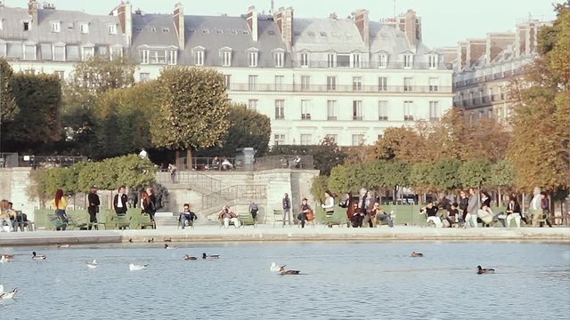 Bassin Octagonal at the Tuileries Garden (French: Jardin des Tuileries) in Paris, France. Slow Motion.  
