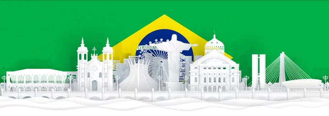 Fotobehang Brazil flag and famous landmarks in paper cut style vector illustration © ChonnieArtwork 