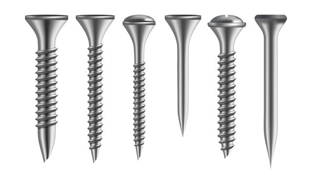 Realistic Types Of Iron Screw And Nail Set Vector. Collection Of Fastener Ironware Screw, Clincher And Rivet Industrial Mounting Details. Side View Isolated Detail Image. 3d Illustration
