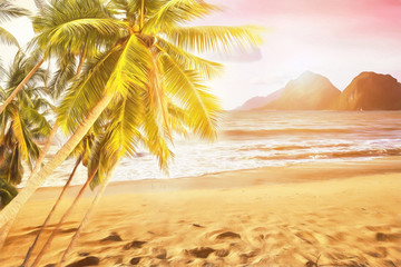 Fototapeta na wymiar Tropical coconut palm trees on the ocean sandy beach during sunset 