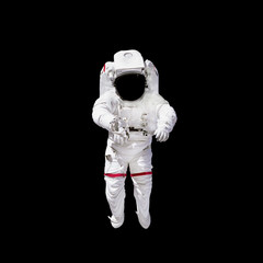 Astronaut in spacesuit close up isolated on black background. Spaceman in outer space. Elements of this image furnished by NASA