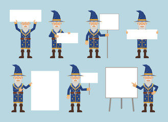 Set of old magician characters posing with different blank banners. Cheerful wizard with paper, poster, placard, pointing to whiteboard, teach, advertise, promote. Flat style vector illustration