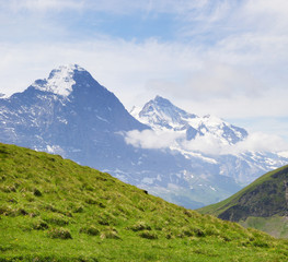 Obraz premium Alpine peaks of Grindelwald and Jungfrau. Landskape background of Bernese highland. Alps, tourism, journey, hiking concept.