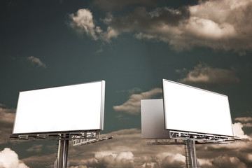 3D rendering of blank billboard (empty advertisement) with clouds. Empty mockup template