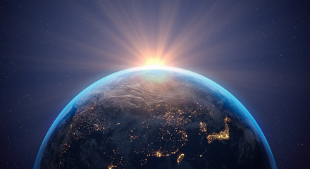 3d Illustration - planet Erde - Weltall - Weltraum - Erdball - Sonnenaufgang