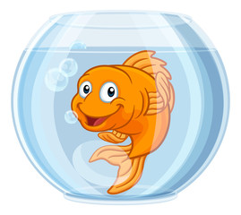 A goldfish in a gold fish bowl happy cute cartoon character