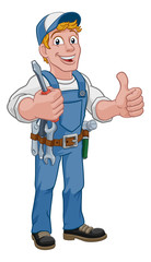 Electrician handyman man handy holding electricians screwdriver tool cartoon construction mascot. Giving a thumbs up.