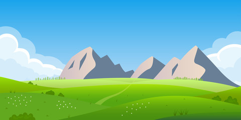 Mountain landscape. Nature background with mountains, hills, summer field or meadow with green grass and sky with clouds. Vector illustration.
