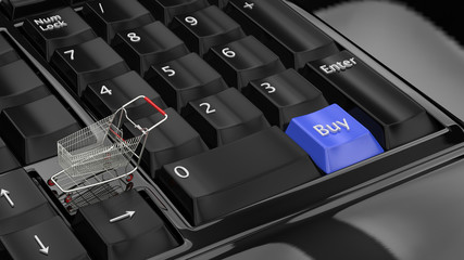 Online shopping concept. Keyboards with a Buy button and a shopping cart trolley symbol icon. Ecommerce. 3D illustration. 3D rendering
