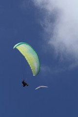 Hang-glider and paraglider in the blue sky