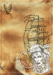 Grunge paper background with pirate captain woman, silhouettes of old ship, compass