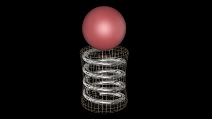 Red ball bounces up and down on expanding contracting spring . 3d rendering