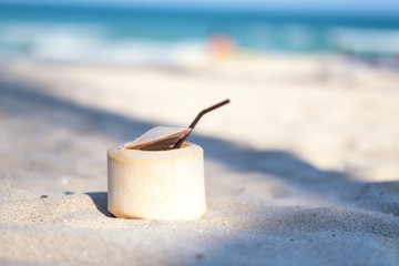 Fototapeta na wymiar Closeup image of a fresh coconut on the beach with blue sea background
