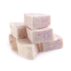 Cube of taro root isolated on a white background.