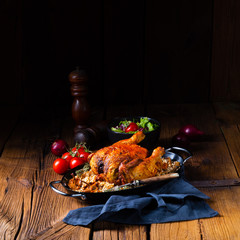 Grilled spicy chicken with barley groats and mushrooms