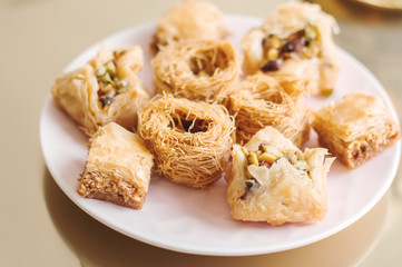 Arabic baklava. Traditional dessert in the Middle East. Pastry with nuts and honey