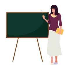 female teacher with textbook and chalkboard