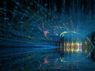 Futuristic surreal 3d illustration. Alien night landscape water surface.