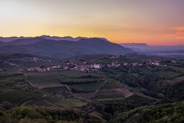 Village Kojsko between vineyards in wine region Brda in Slovenia