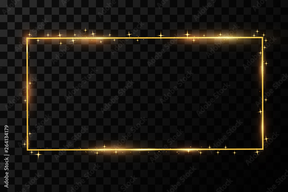 Poster golden frame with lights effects. shining rectangle banner. isolated on black transparent background