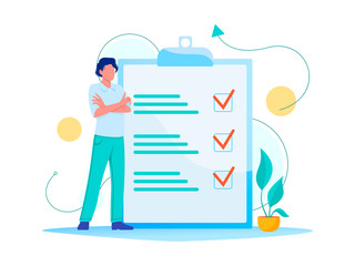 Month planning, to do list, time management. Man is standing near large to do list. Plan fulfilled, task completed. Flat concept vector illustration, isolated on white.