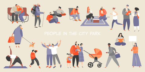 A set of people spending time in the city park. Isolated characters jogging, doing yoga, reading books, working, walking with family and friends, having a picnic, hiking
