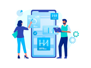 Data analysis, strategy. Woman and man are working with data near big smartphone. Flat vector concept illustration for website, banner, flyer. Isolated on white.