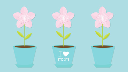 Sakura flower pot set line. Japan blooming cherry blossom. I love mom. Happy mothers day. Text with heart sign. Greeting card. Flat design style Blue background.