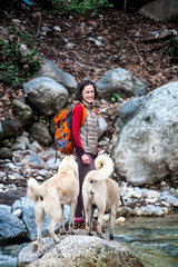 A woman walks with two Caucasian Shepherd dogs in the forest.