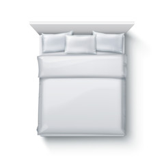 Vector illustration of double bed with soft duvet, bedding and pillows on white background