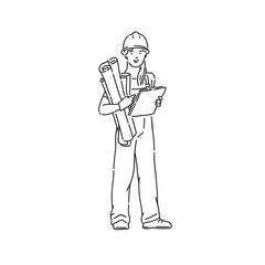 builder woman in professional uniform and protective helmet. Line art style character vector black white isolated illustration.