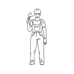 builder man in professional uniform and protective helmet. Line art style character vector black white isolated illustration.