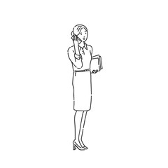 Business woman talking on phone. Line art style character vector black white isolated illustration.