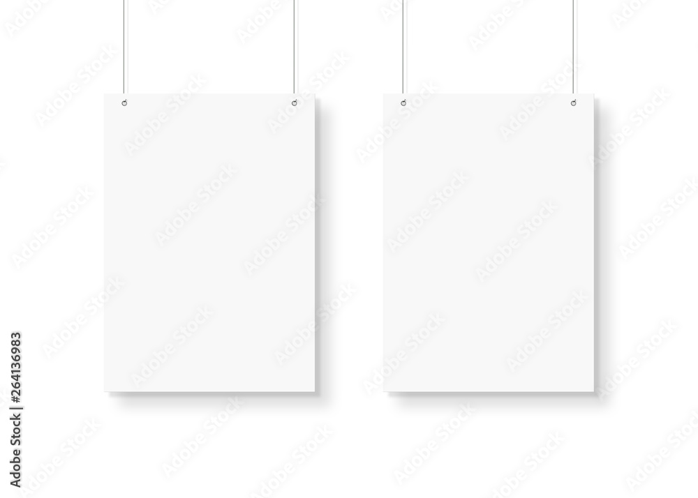 Aufkleber White poster isolated hanging by strings on wall mockup 3D rendering