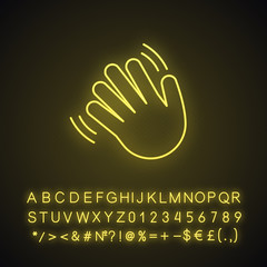 Waving hand gesture emoji neon light icon