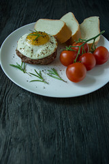 Beef steak with fried egg in spices. Decorated with rosemary, fresh cherry and slices of bread. Filed on a white plate. Dark wooden background. Side view.