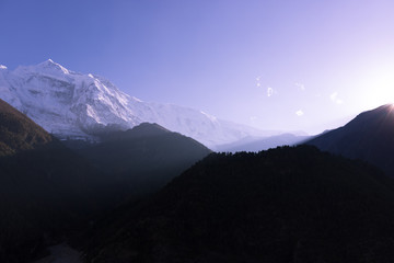 the last rays of the sun in the himalayas. sunset on mountain annapurna
