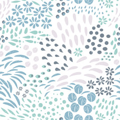 Fototapeta na wymiar Leaves, flowers and stylized floral elements background. Vector seamless abstract ditsy pattern with botanical motiffs.