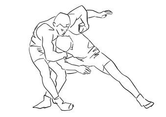 Fototapeta premium Greco-Roman wrestling. Black isolated contour. Fight of two wrestlers. Outlines of athletes in active poses. Sports competition or training. Vector silhouettes.