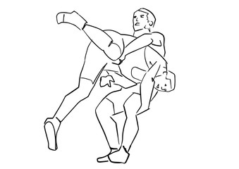 Fototapeta na wymiar Greco-Roman wrestling. Black isolated contour. Fight of two wrestlers. Outlines of athletes in active poses. Sports competition or training. Vector silhouettes.
