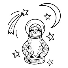 Smiling sloth astronaut in helmet sitting among stars. Hand drawn, doodle style. - 264139364