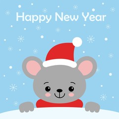 Little Cute Mouse in a red Santa s cap and scarf.