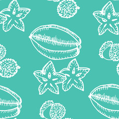 star fruit, carambola, lychee tropical fruits seamless pattern